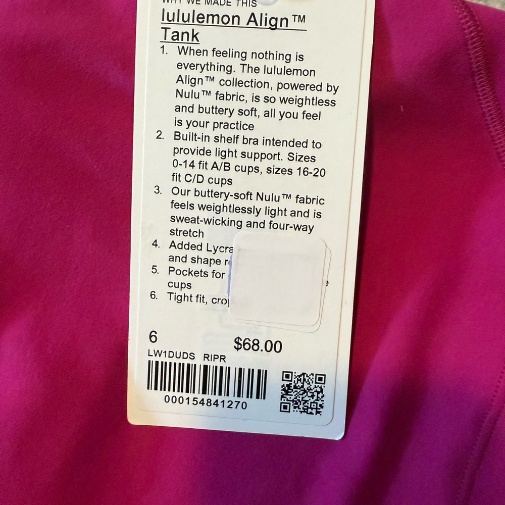 NWT- Lululemon Align Tank- Ripe Raspberry- Size 6 - Picture 4 of 4